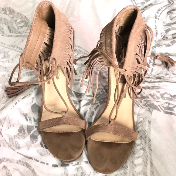 FOREVER 21 Taupe Fringe Ankle Strap Suede Heels - Picture 2 of 3